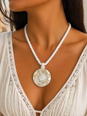 Boho Shell Pendant Necklace White Beaded Statement Coastal Chic